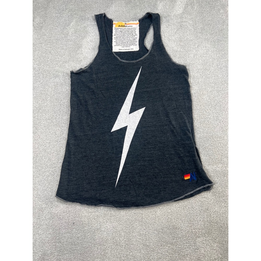 Aviator Nation Tank Top M Gray Lightning Bolt Racerback Raw Hem California Surf